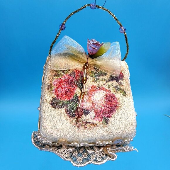 Victorian "Sugared" Purse Ornaments Lace Roses Beaded Handle Tulle Ribbon Tassel - Picture 9 of 12